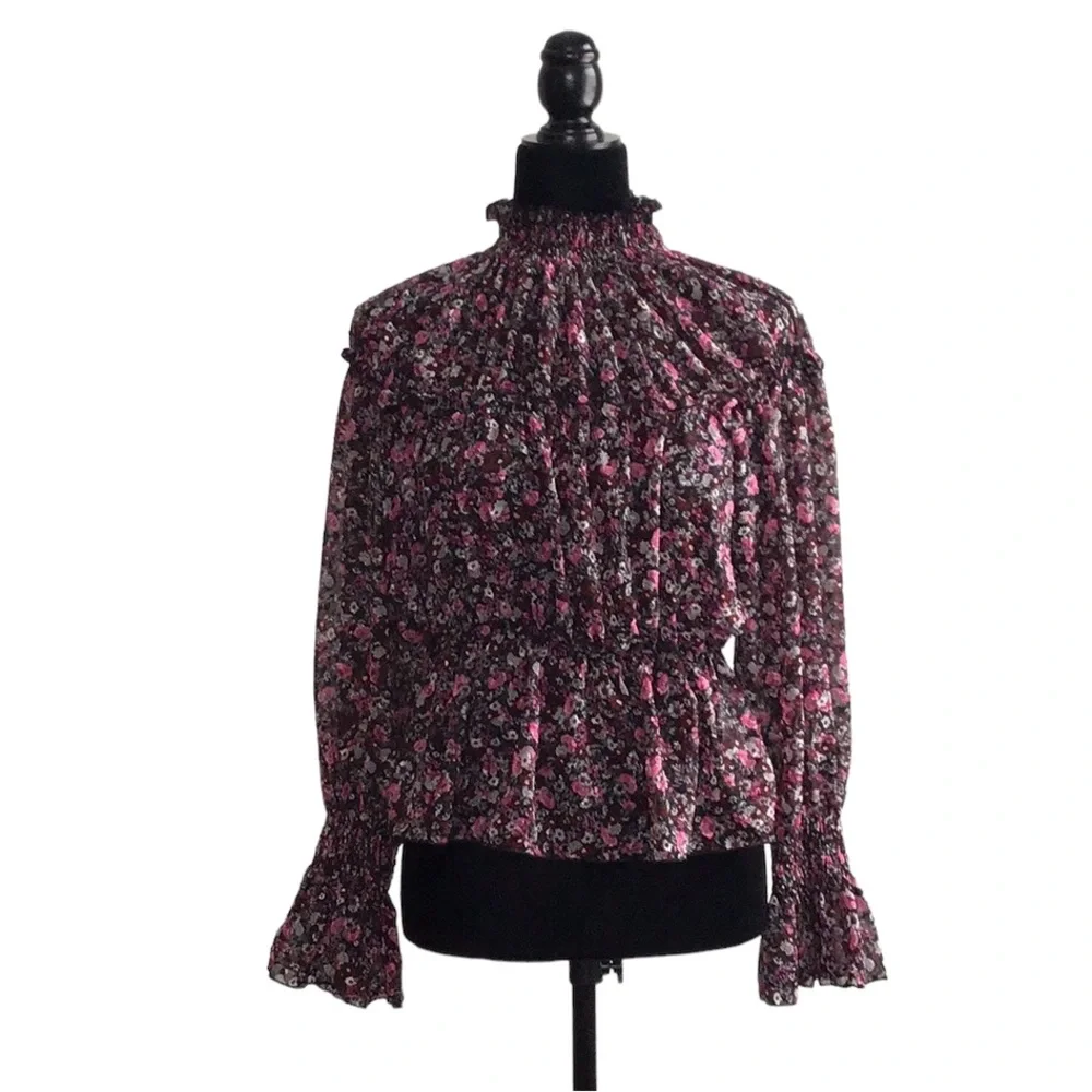 Zara Floral Print Pink Black Ruffle Neck Blouse, size M - Picture 3 of 14
